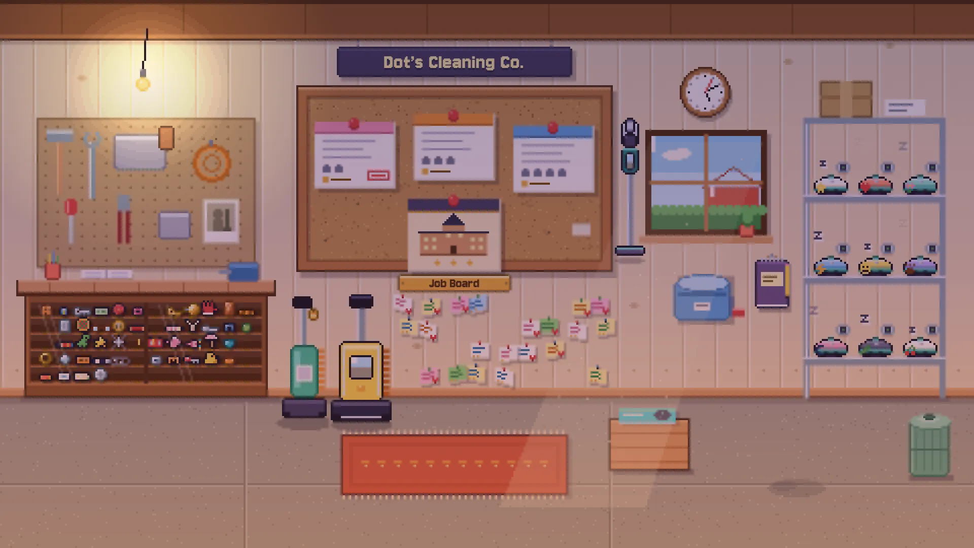 Grandma Dot's garage late in the game: a corkboard of job cards, a shelf of sleeping robot vacuums, a workbench full of trinkets, and the vacuums parked by the wall