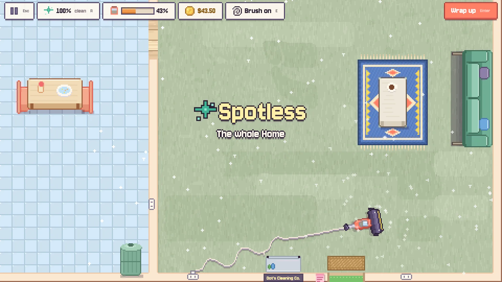 A living room turned Spotless: a sparkle and the word Spotless over a freshly striped carpet, the cleaning HUD reading 100 percent