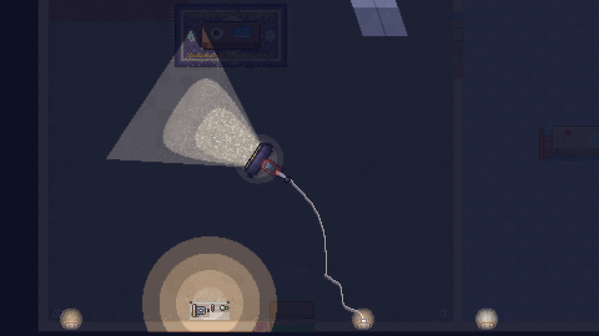 The lights-out bonus home: a dark room lit only by the vacuum's headlight beam and a lamp, dust glowing in the light