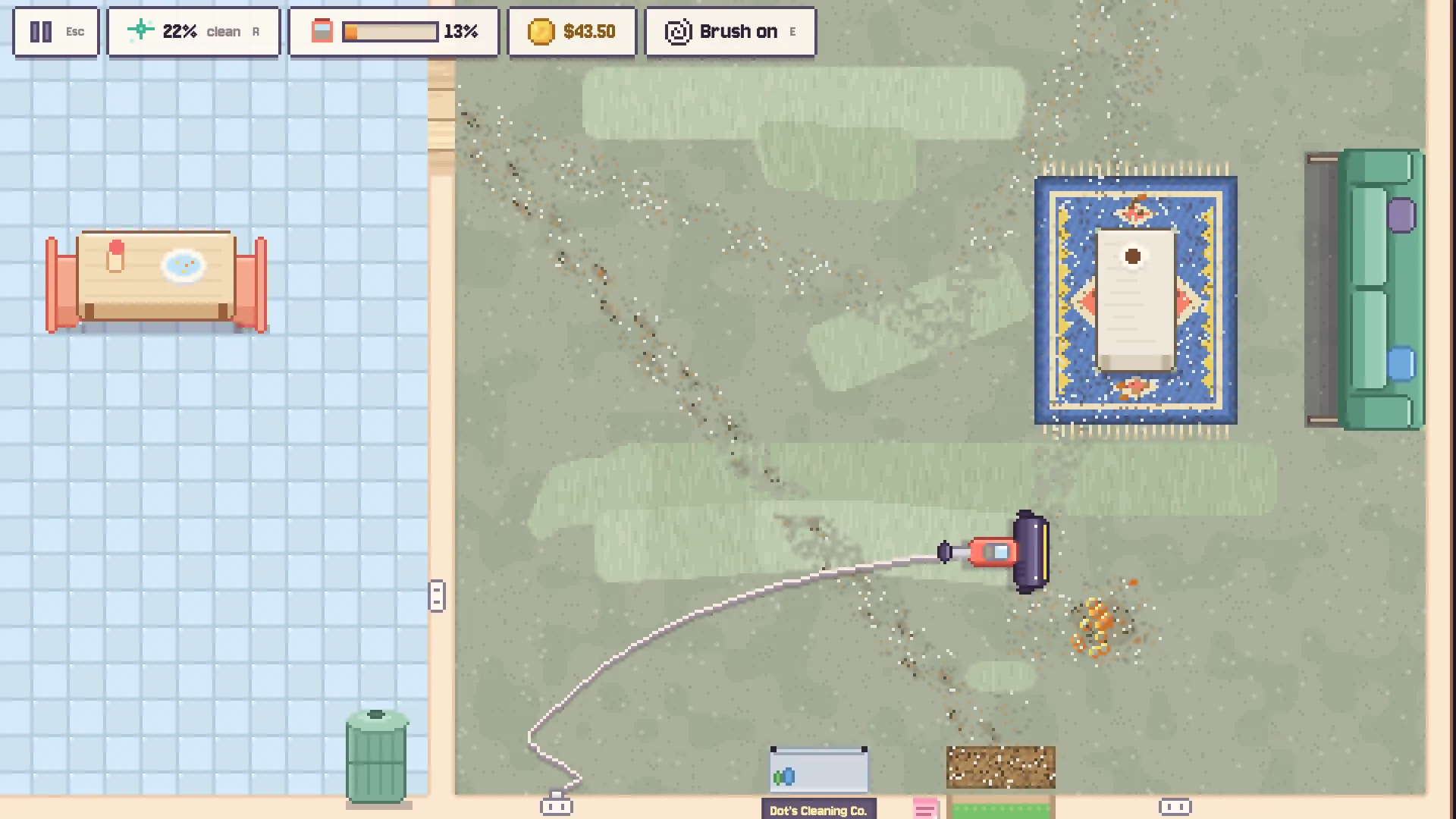 An early job: a dusty sage carpet with a few stripes mown into it, a cereal spill ahead of the vacuum, and the HUD across the top