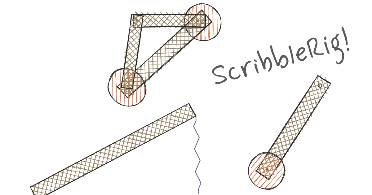 Hand-drawn physics sketch with crosshatched beams and wheels, with a sketchy 'ScribbleRig!' title