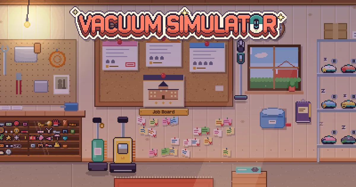 The Vacuum Simulator wordmark in chunky coral pixel letters, its O a little robot vacuum, over Grandma Dot's garage with a corkboard of job cards, upright vacuums and a shelf of robots