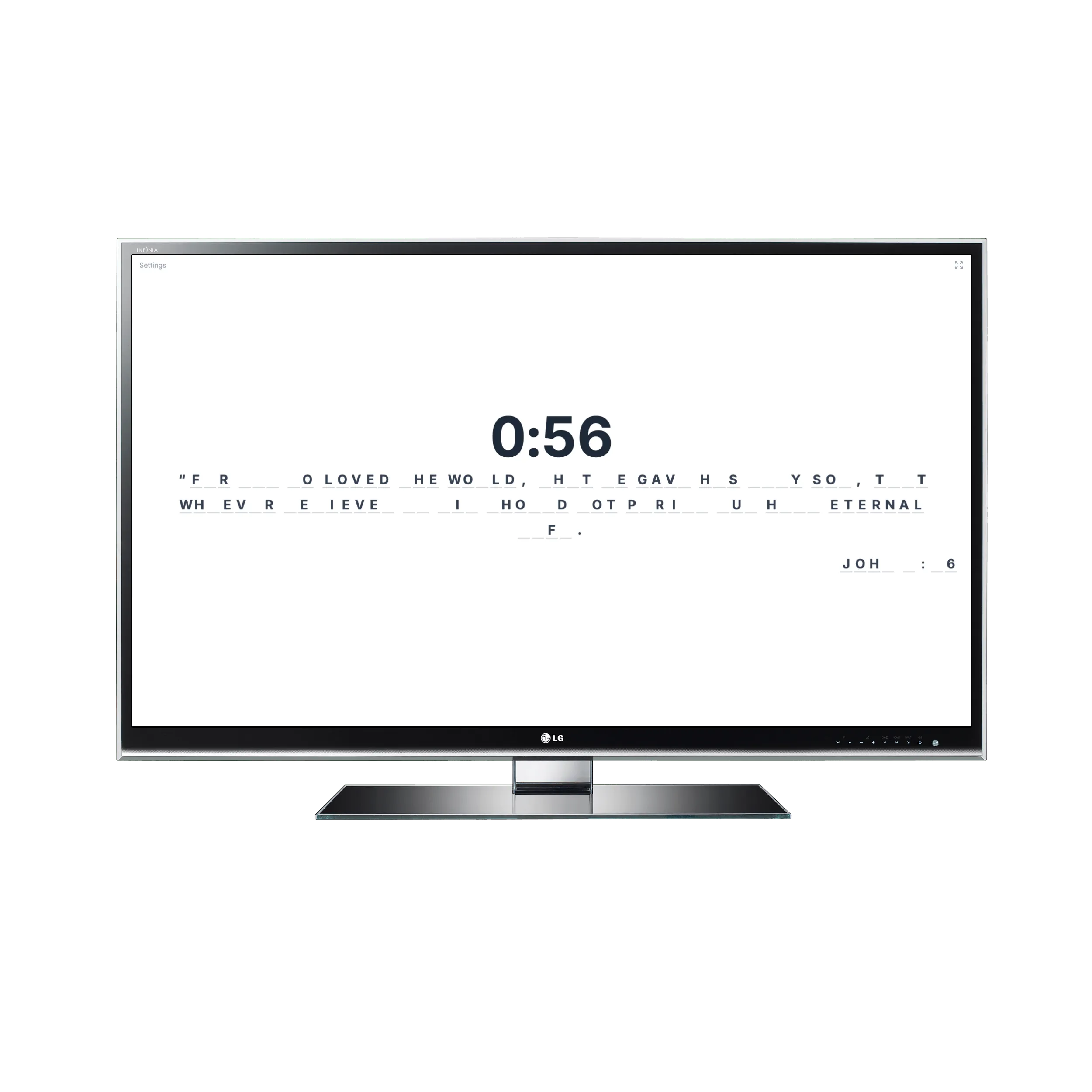 Versetime running on a TV, showing a partially obscured Bible verse and a countdown timer for a memorization round